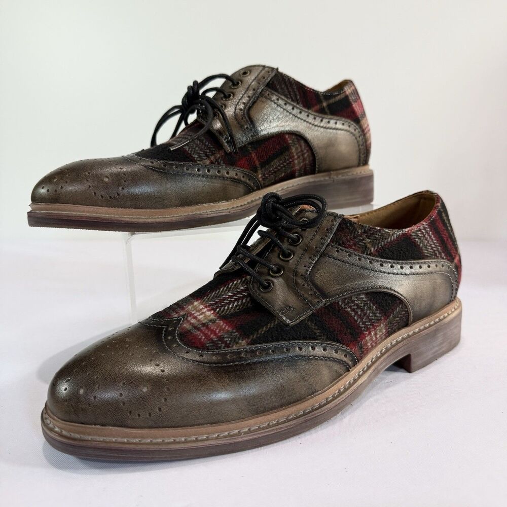 L'Artiste Spring Step Thavo Plaid Leather Wingtip Oxford Shoes 41 New Mens 8